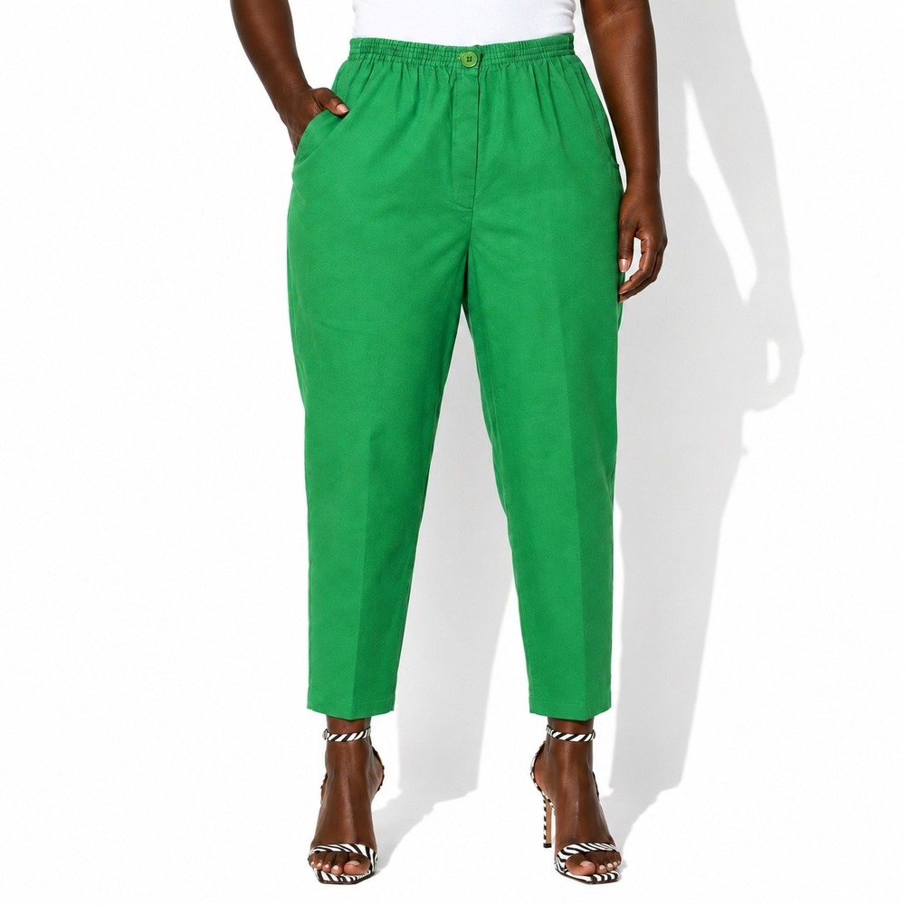 80s Vintage Kelly Green Pants Women 12 Elastic Waist High Rise Straight Leg Sear